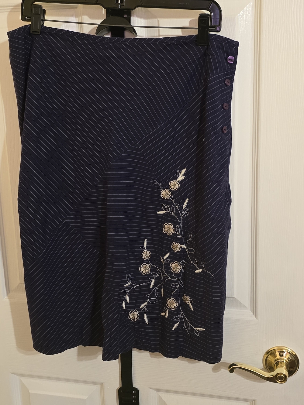 Sag Harbor Navy Pinstripe Midi Skirt with Floral Embroidery